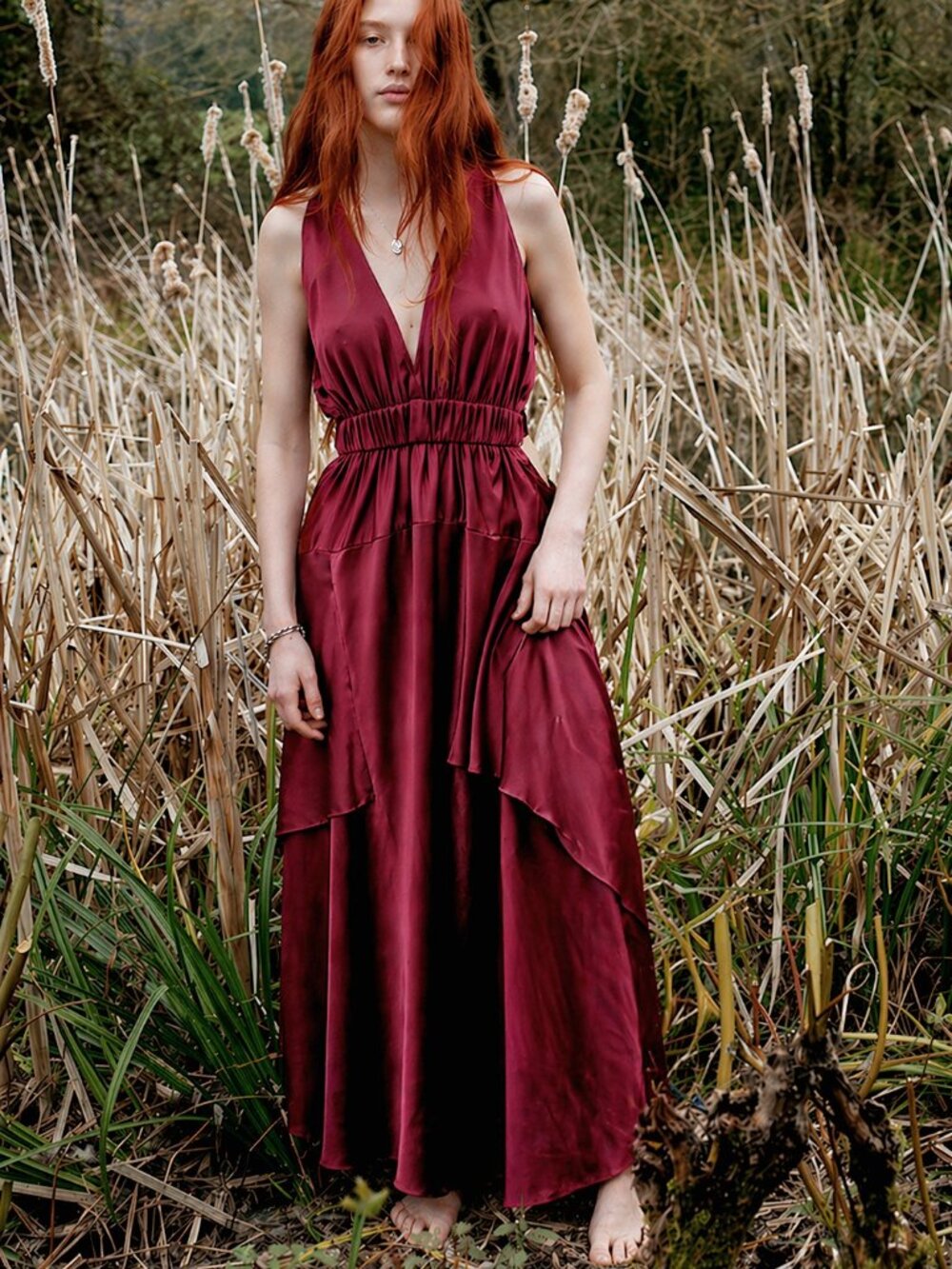 A.L.C. Silk Verena Plunging V-Neck Open Back Burgundy Satin Midi Dress